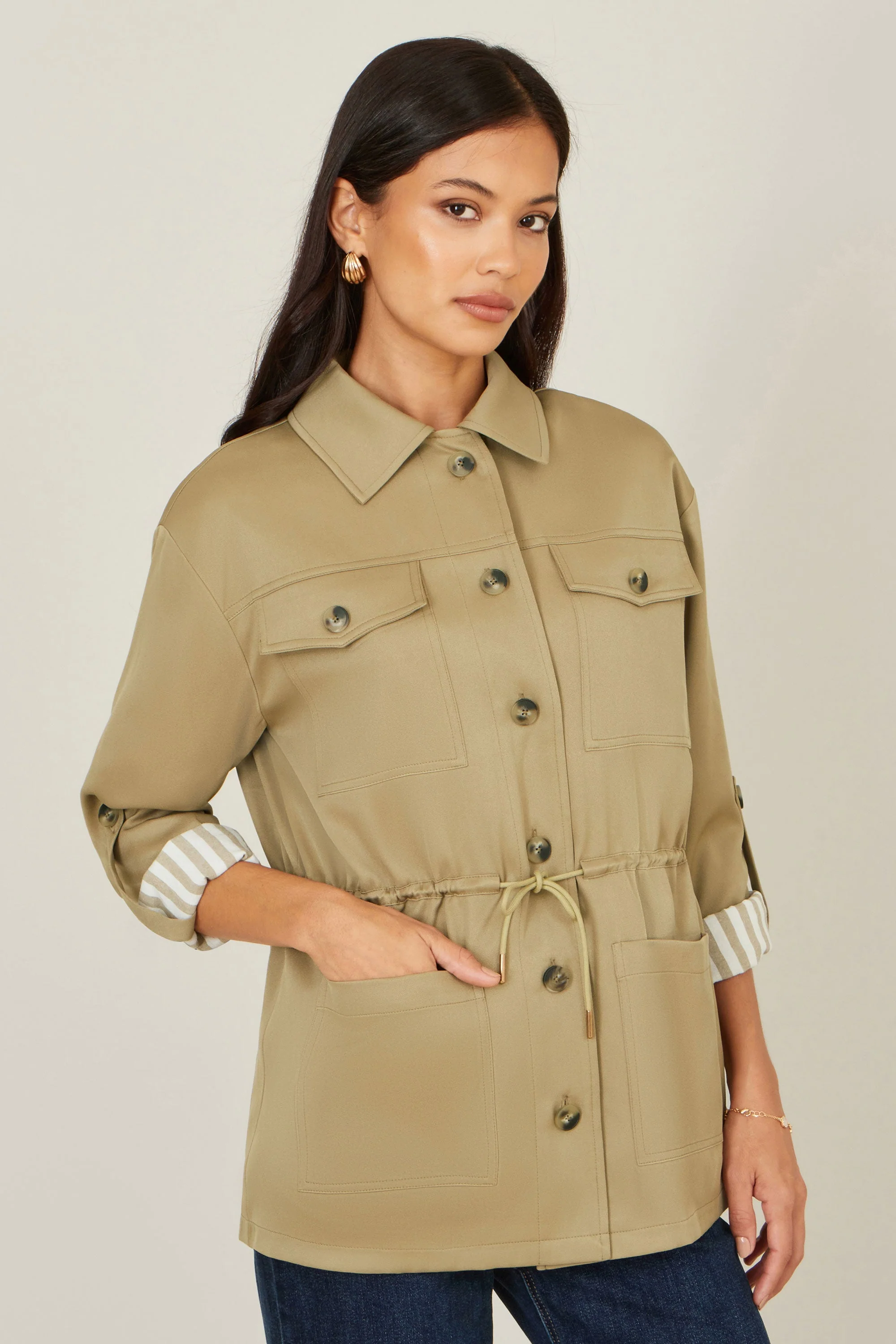 Yumi Green Utility Jacket With Drawstring Waist and Stripe Lining - Image 5