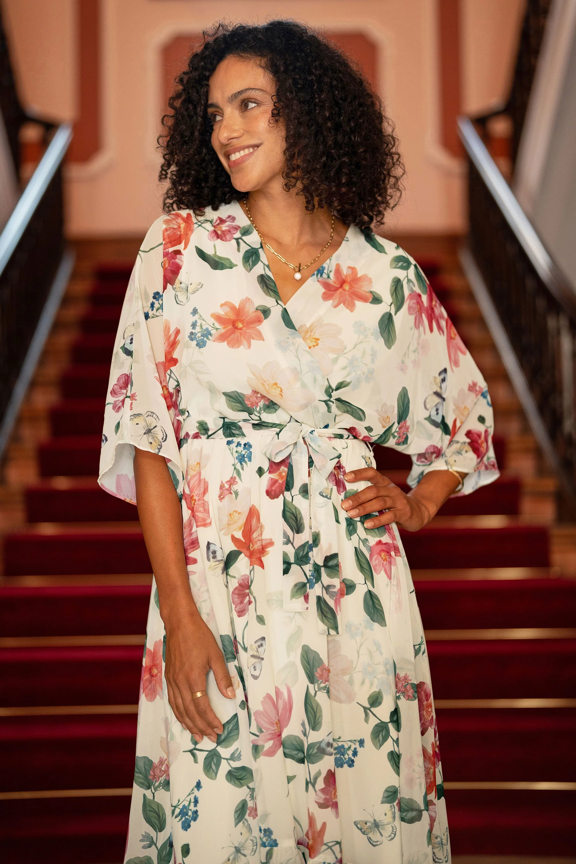 Yumi Ivory Floral Print Wrap Midi Dress With Dipped Hem - Image 2