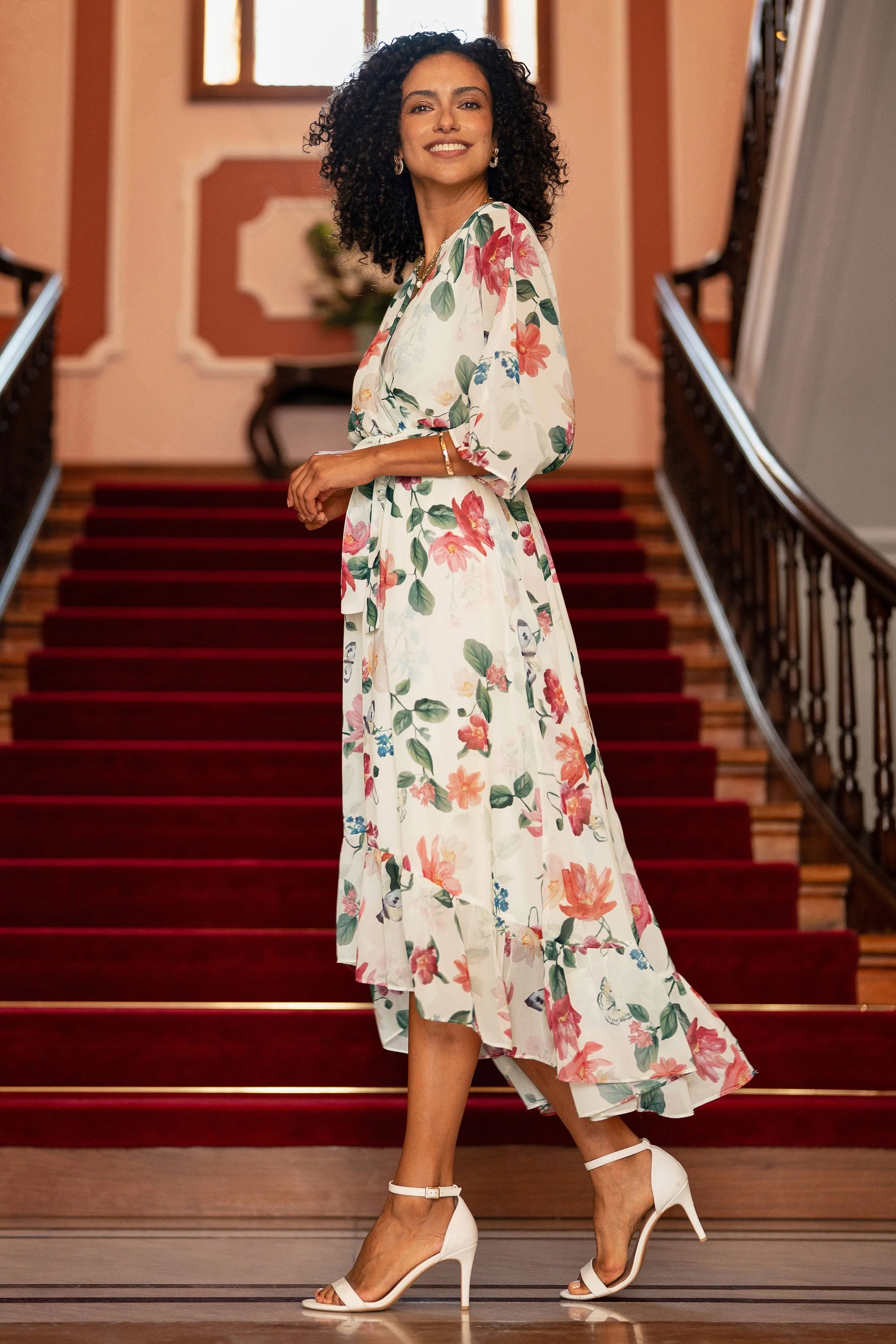 Yumi Ivory Floral Print Wrap Midi Dress With Dipped Hem - Image 3