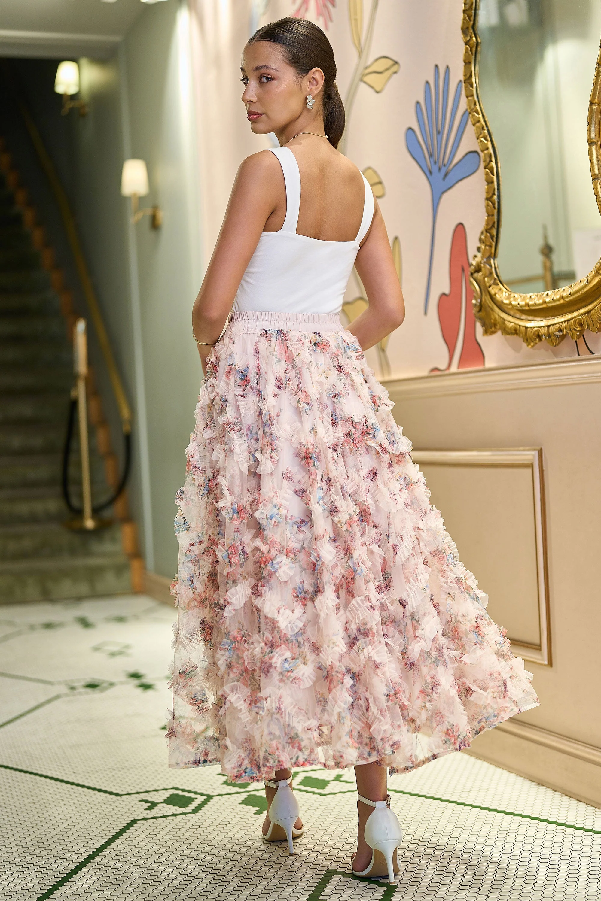 Yumi Ivory Floral Ruffle Mesh Midi Skirt - Image 7