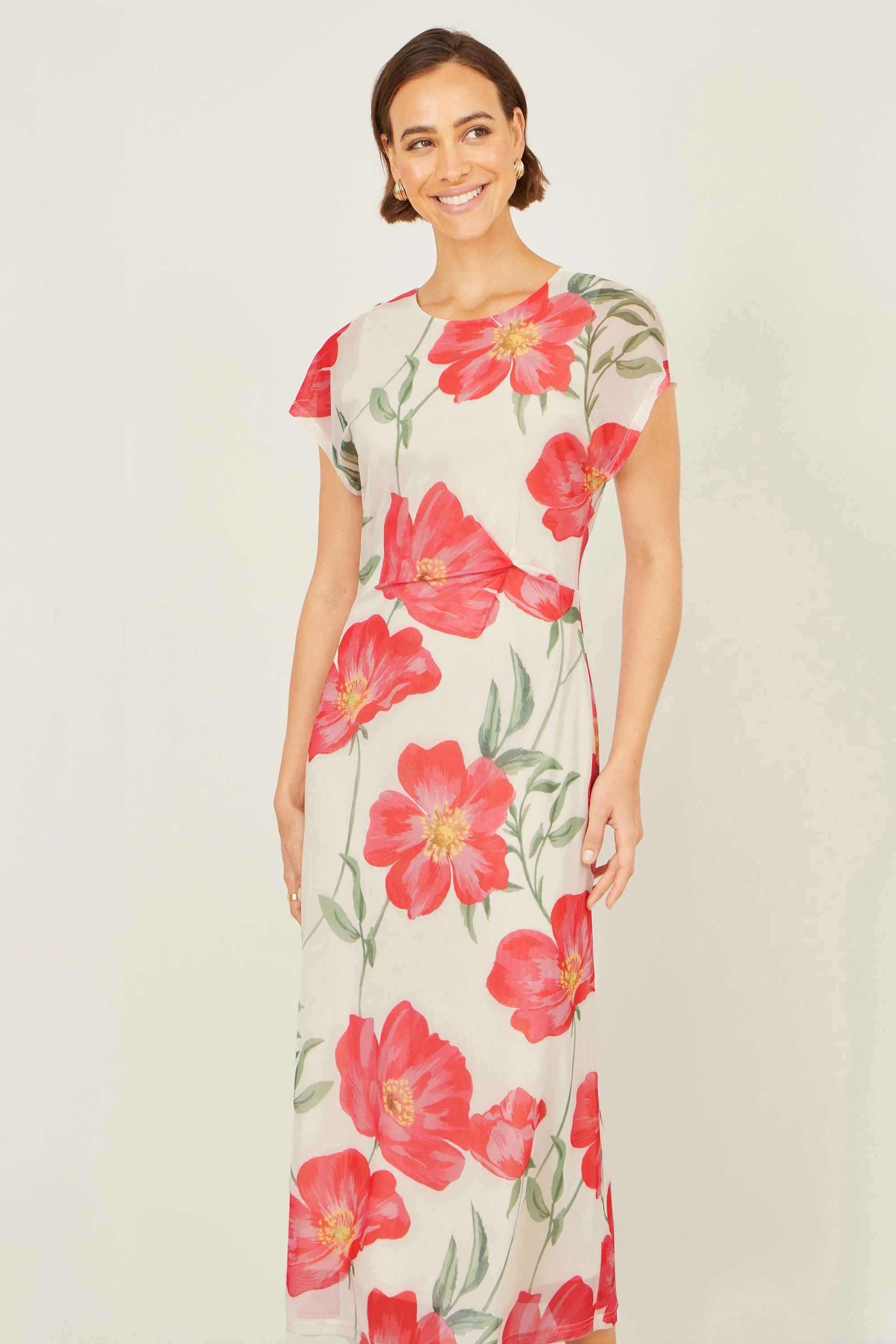 Yumi Ivory Poppy Print Midi Mesh Dress - Image 5