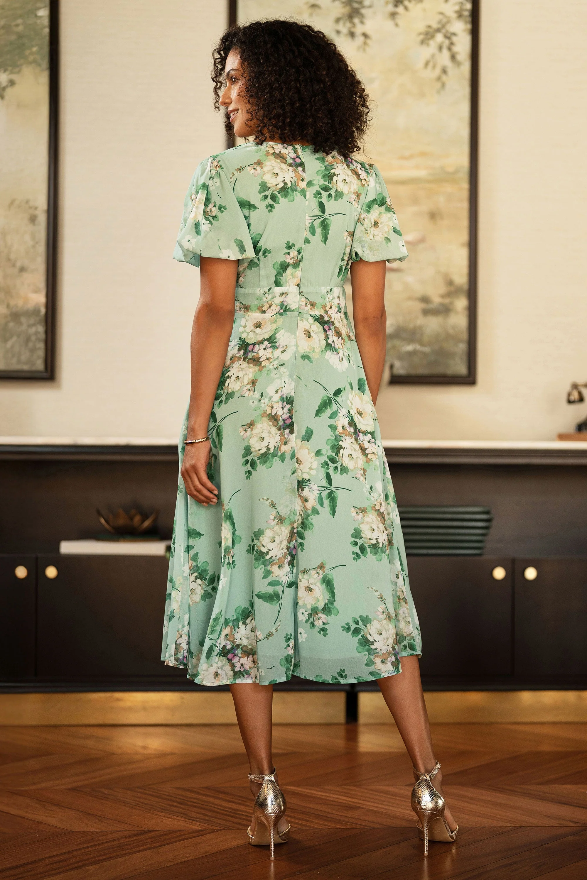 Yumi Mint Floral Tea Dress With Front Ties - Image 4