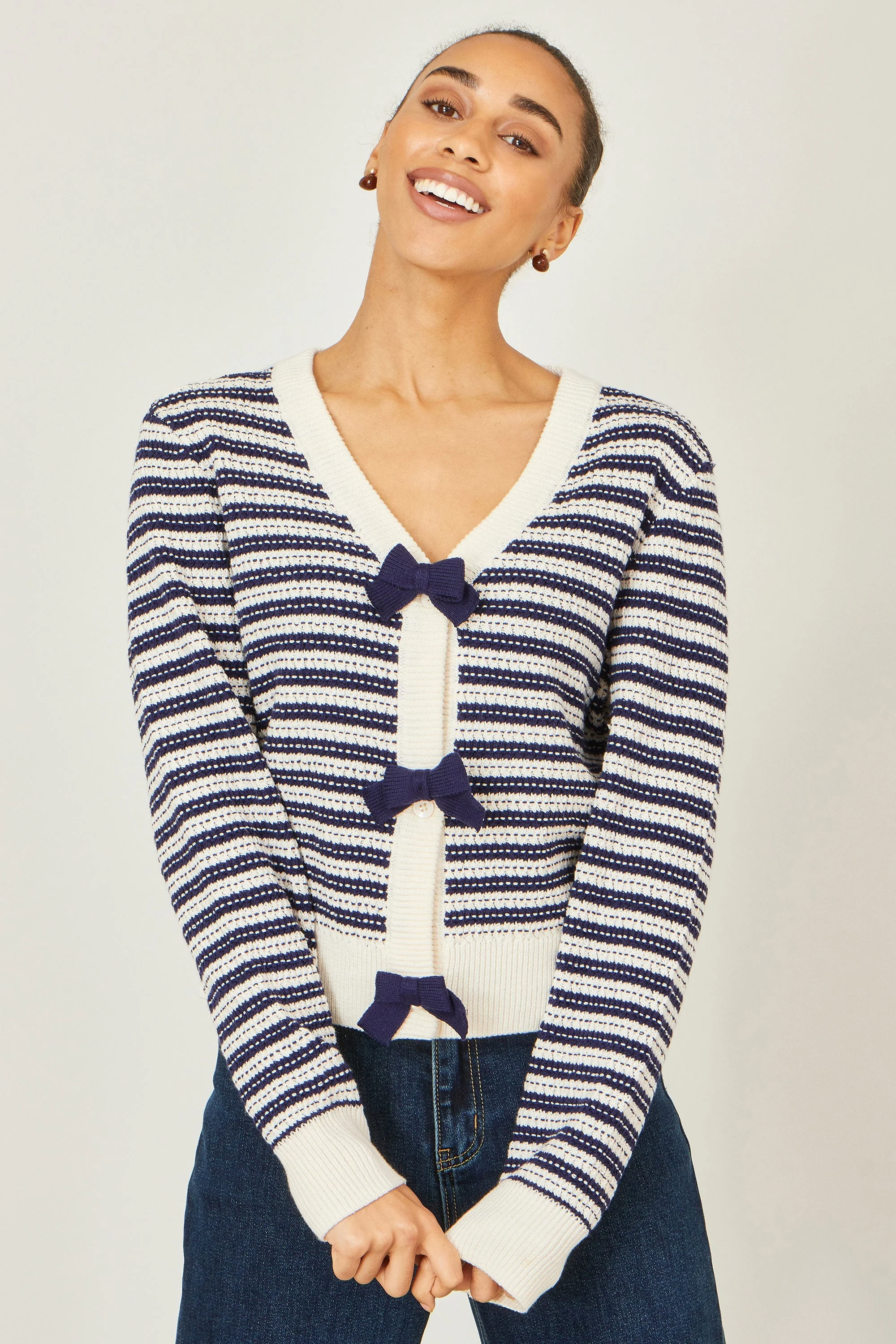 Yumi Multicolour Block Stripe Tie Front Cardigan - Image 4