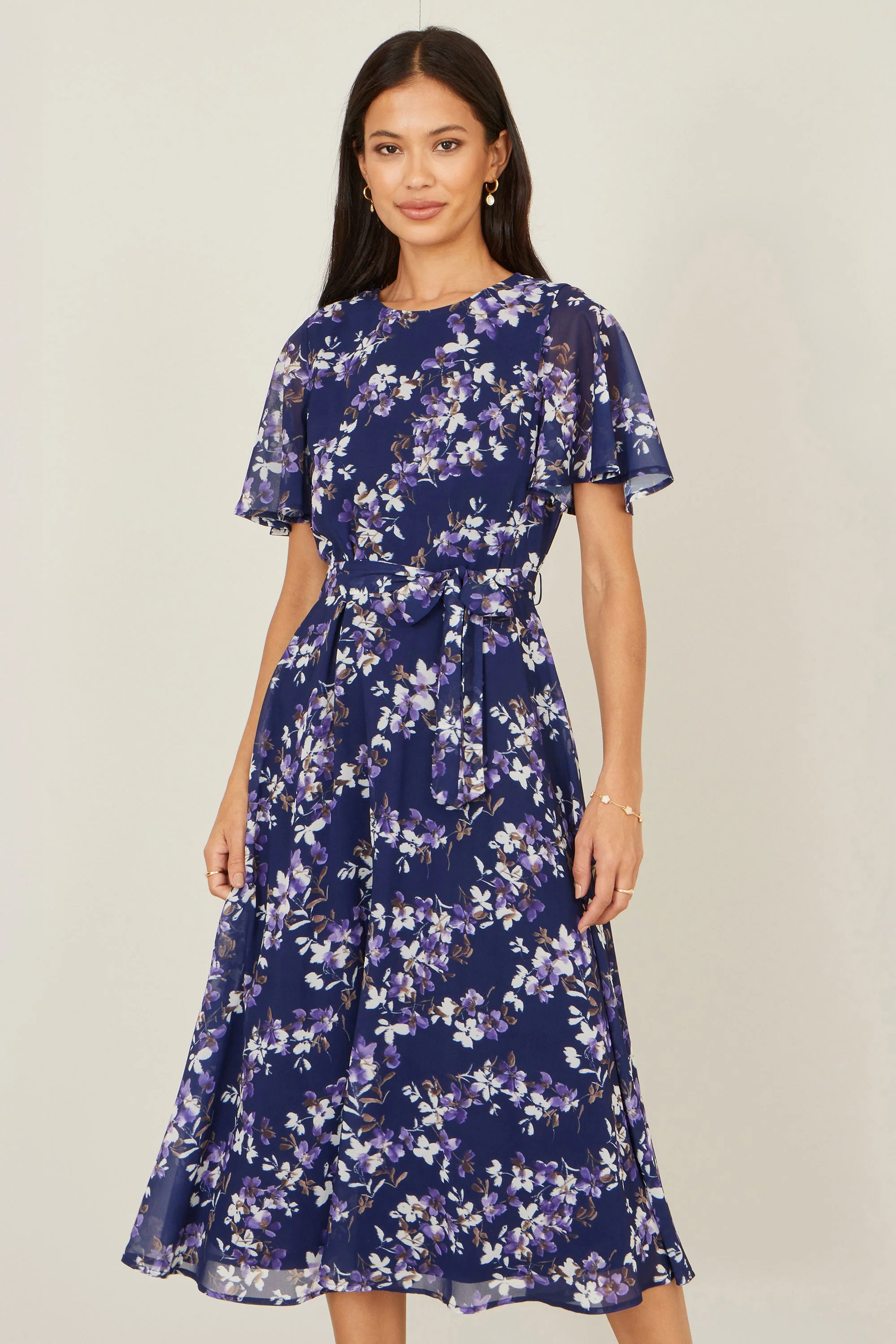 Yumi Navy Blossom Print Midi Skater Dress With Angel Sleeves - Image 5