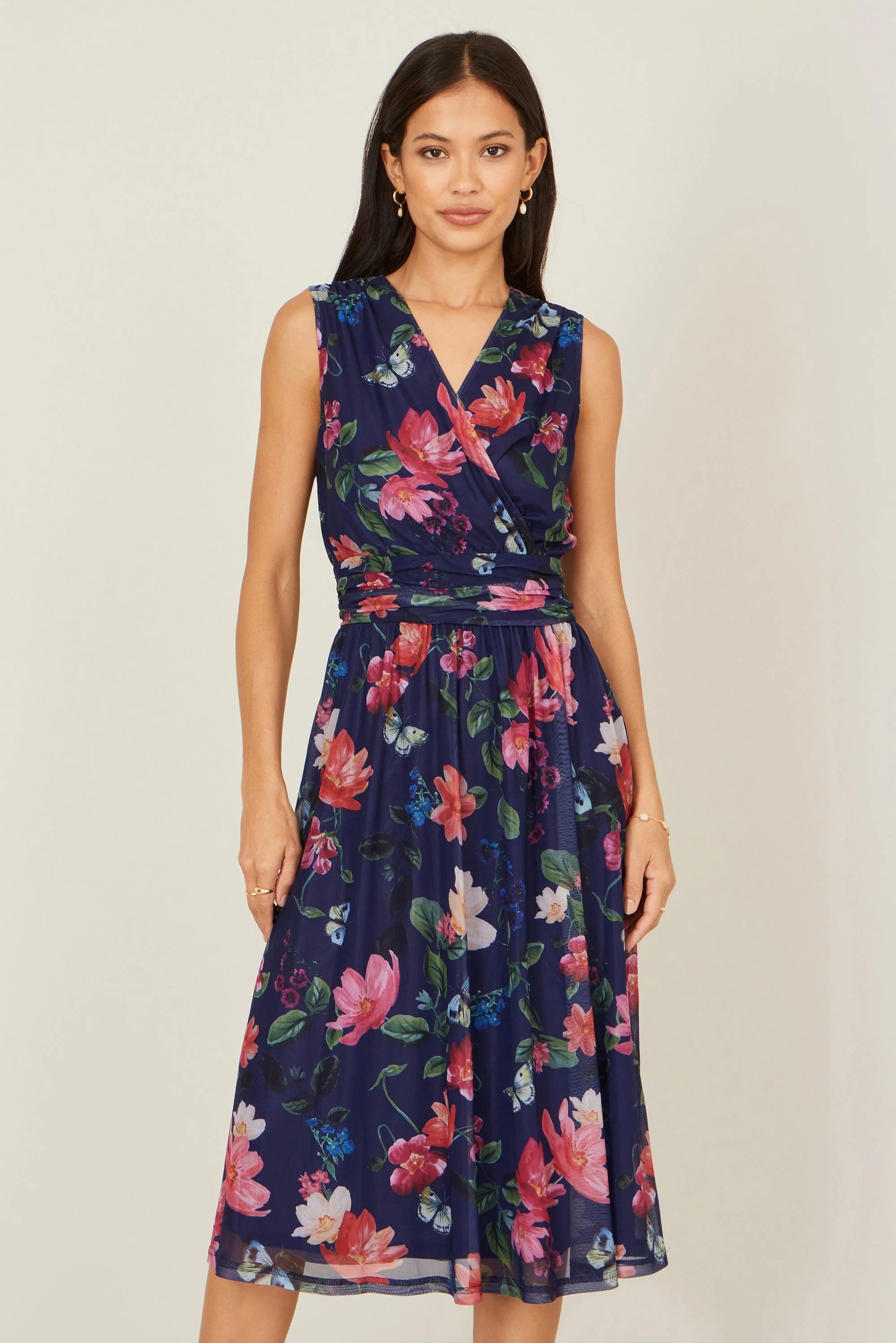 Yumi Navy Blurred Floral Print Mesh Stretch Midi Dress With Pockets