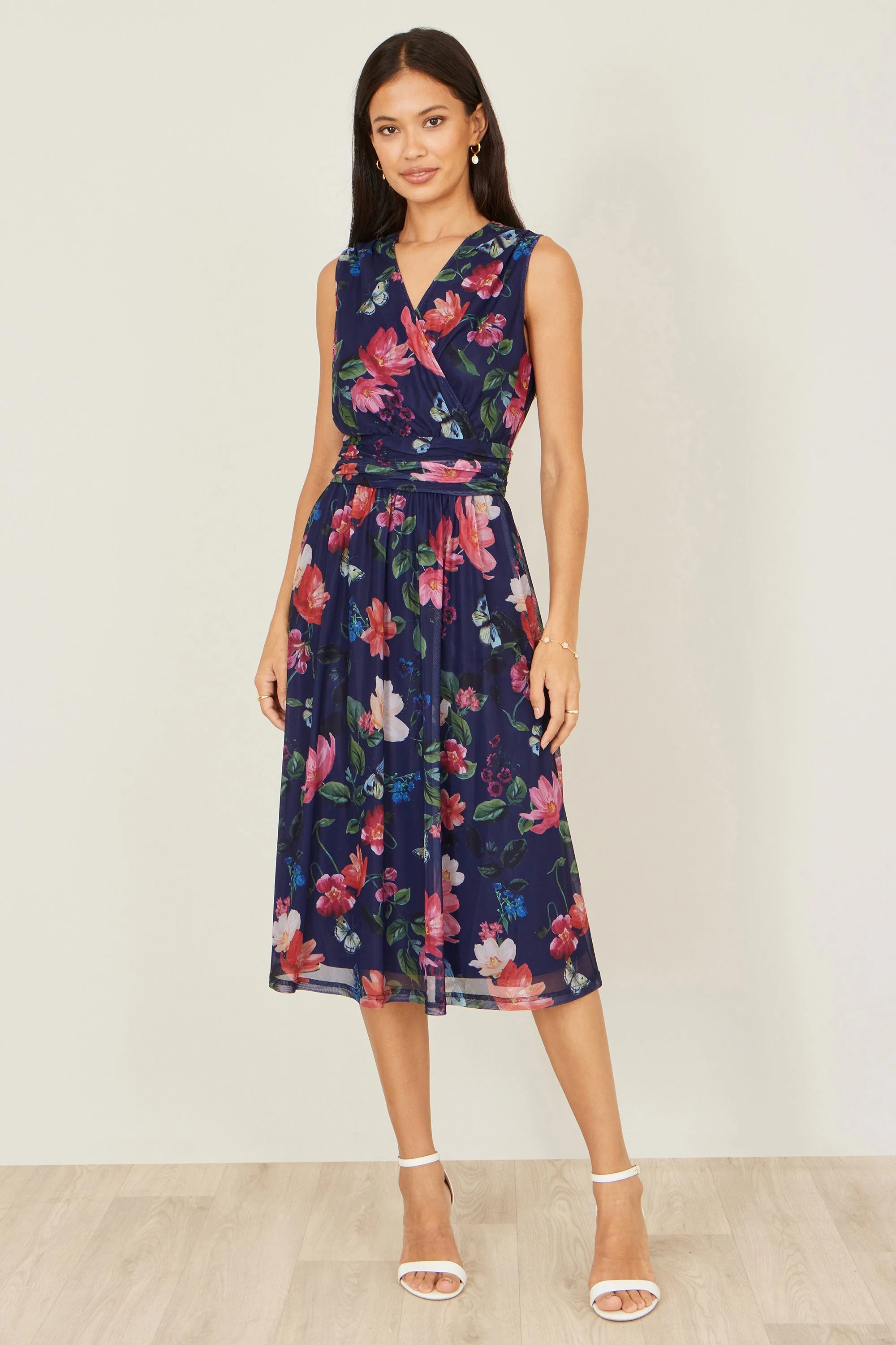 Yumi Navy Blurred Floral Print Mesh Stretch Midi Dress With Pockets - Image 3