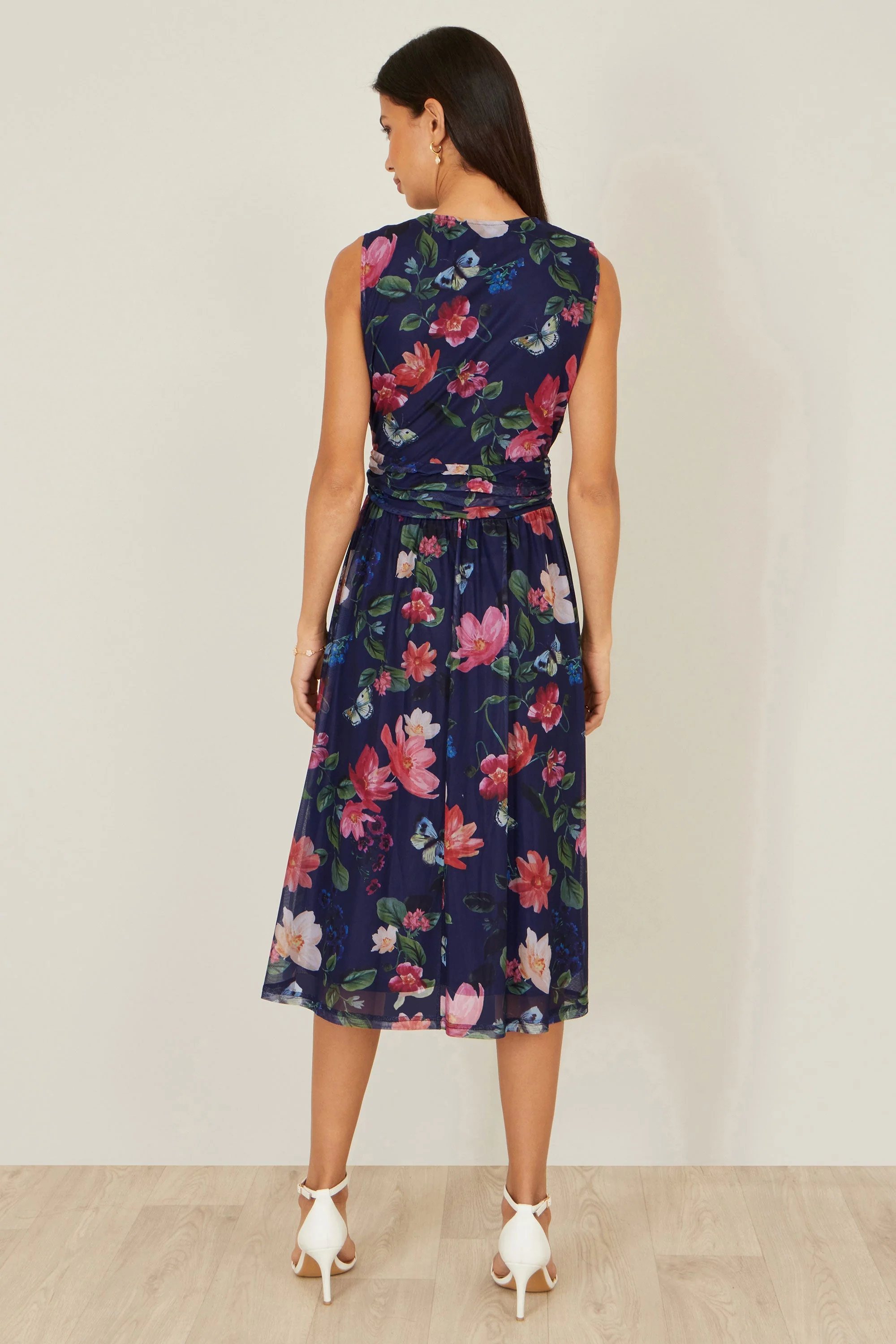 Yumi Navy Blurred Floral Print Mesh Stretch Midi Dress With Pockets - Image 4