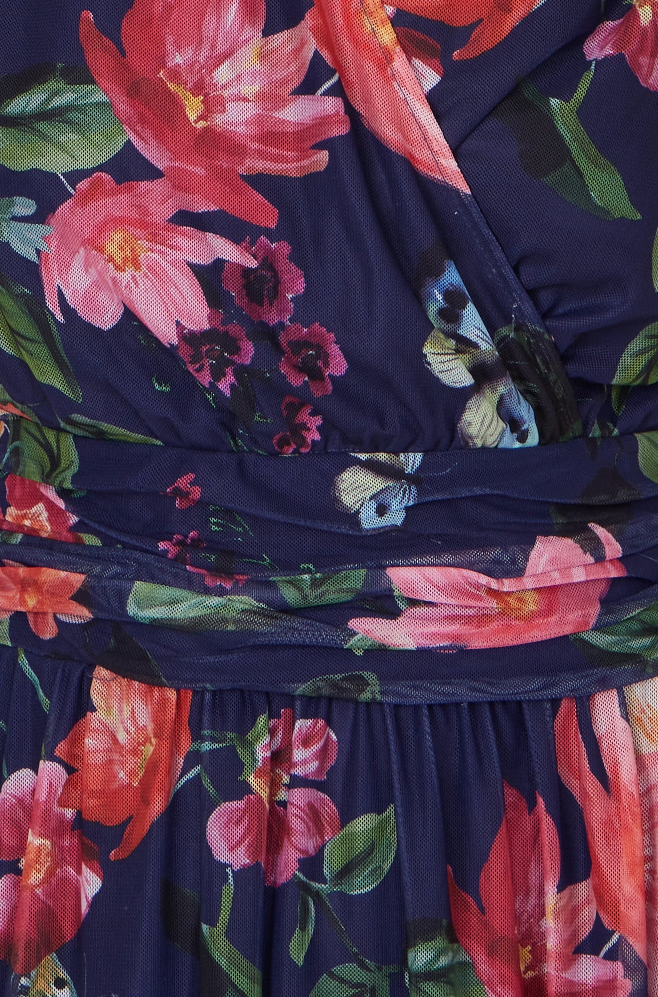 Yumi Navy Blurred Floral Print Mesh Stretch Midi Dress With Pockets - Image 6