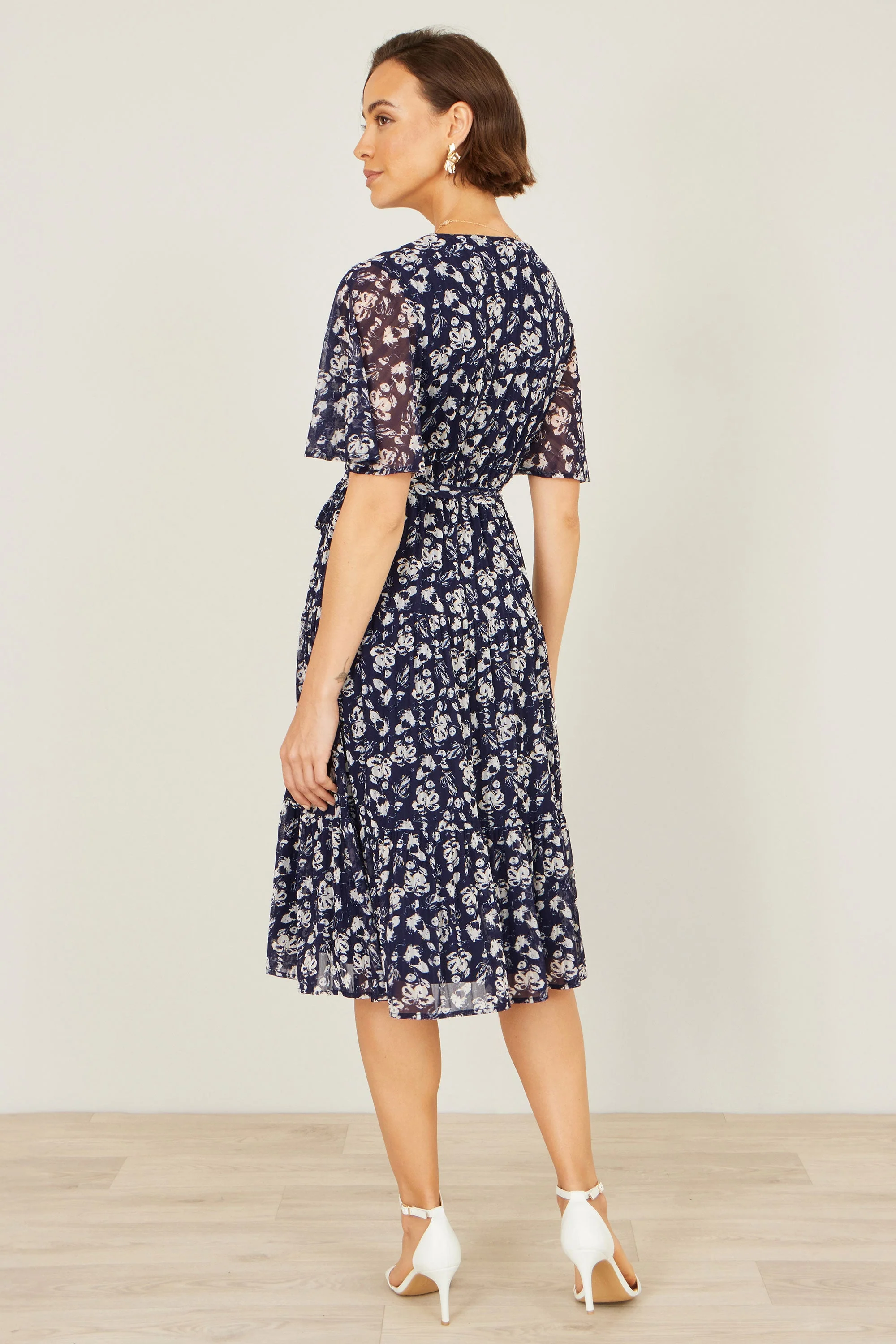 Yumi Navy Floral Mesh Wrap Dress - Image 4
