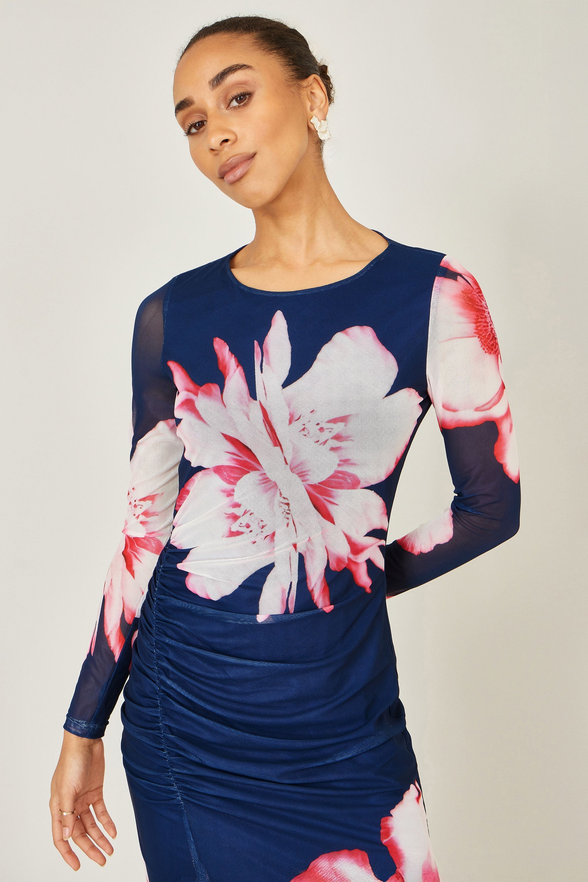 Yumi Navy Floral Placement Floral Long Sleeve Mesh Maxi Dress - Image 3