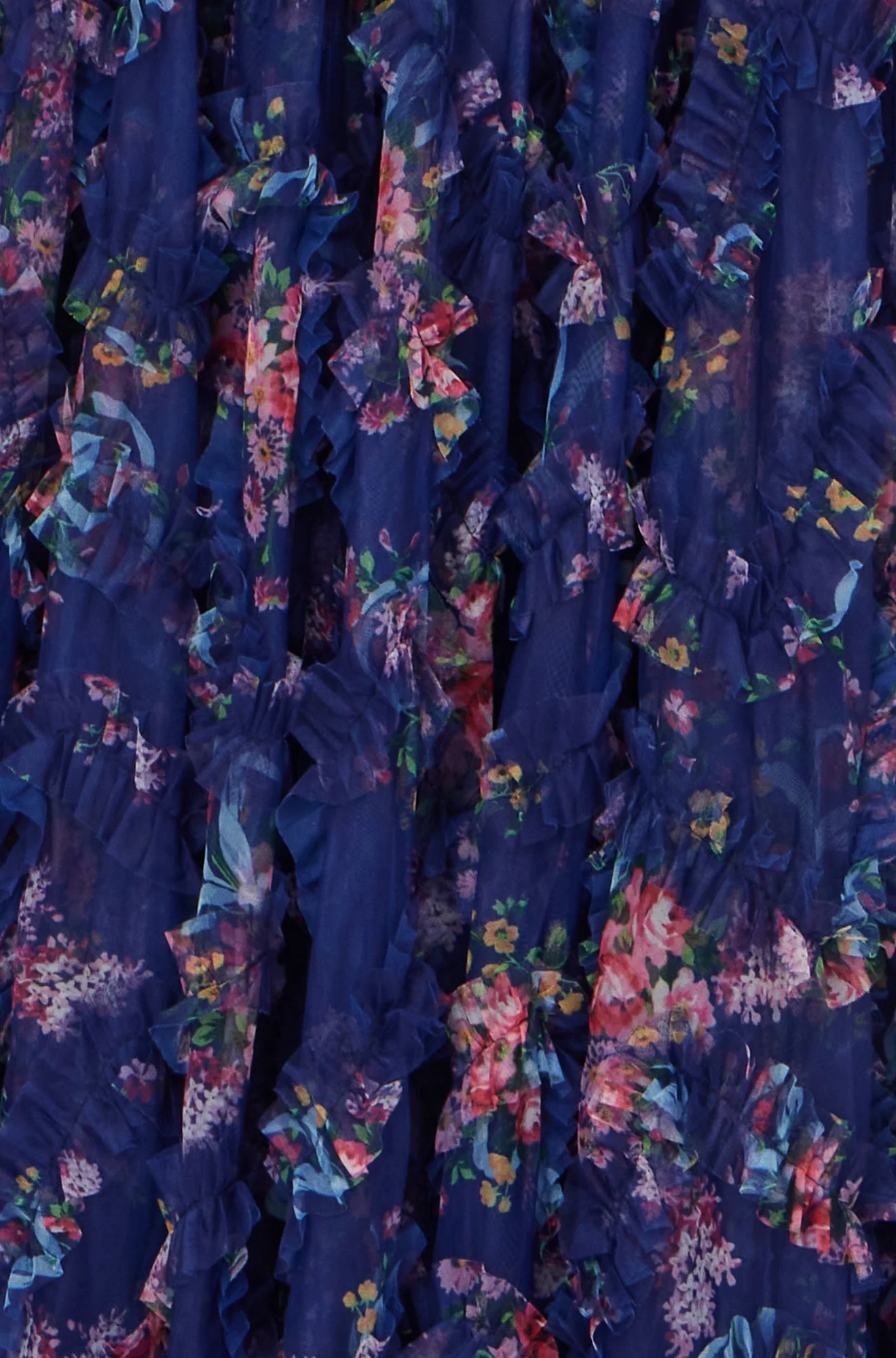 Yumi Navy Floral Ruffle Mesh Midi Skirt - Image 7