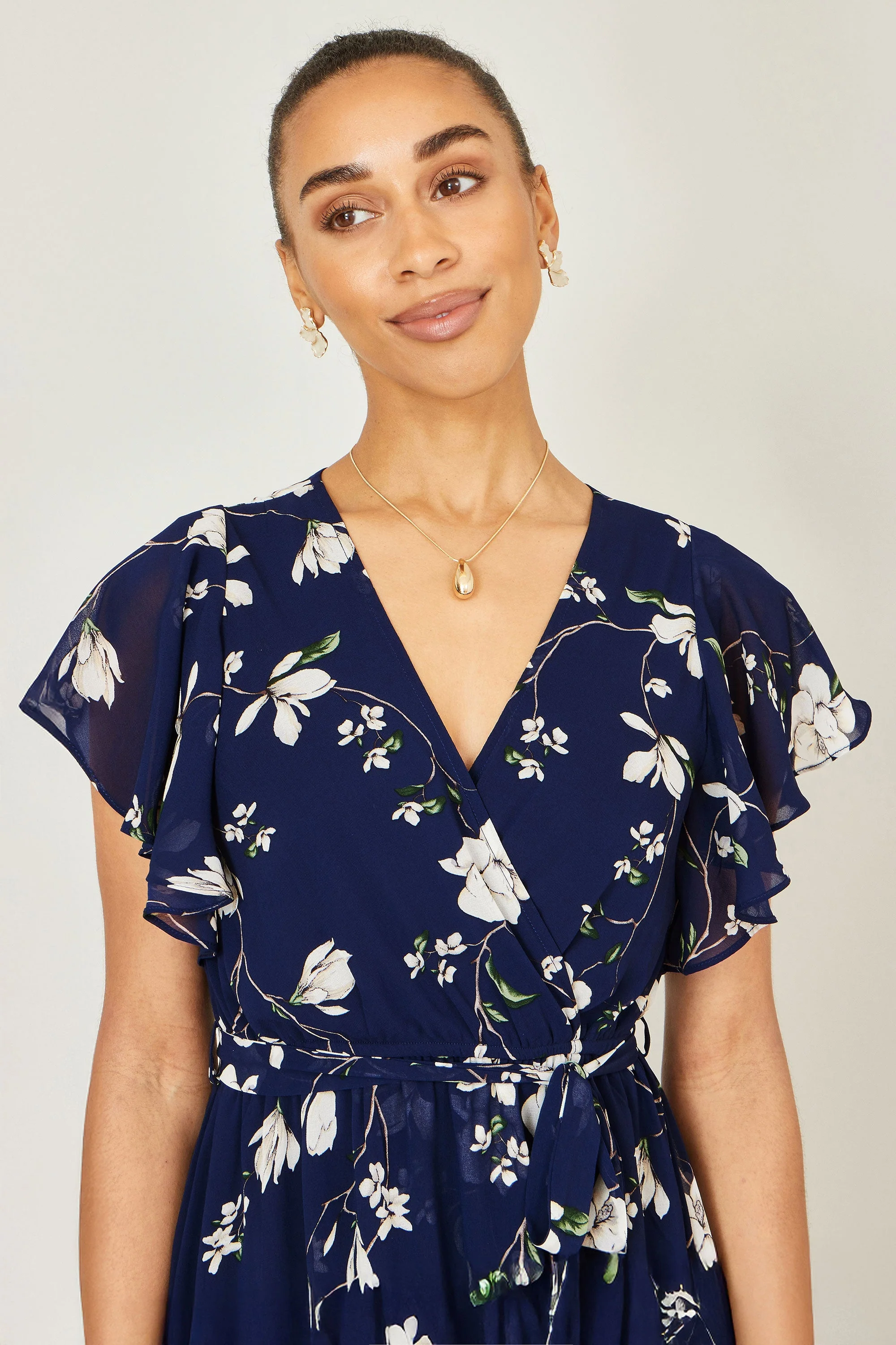 Yumi Navy Floral Wrap Midi Dress With Frill Hem - Image 2