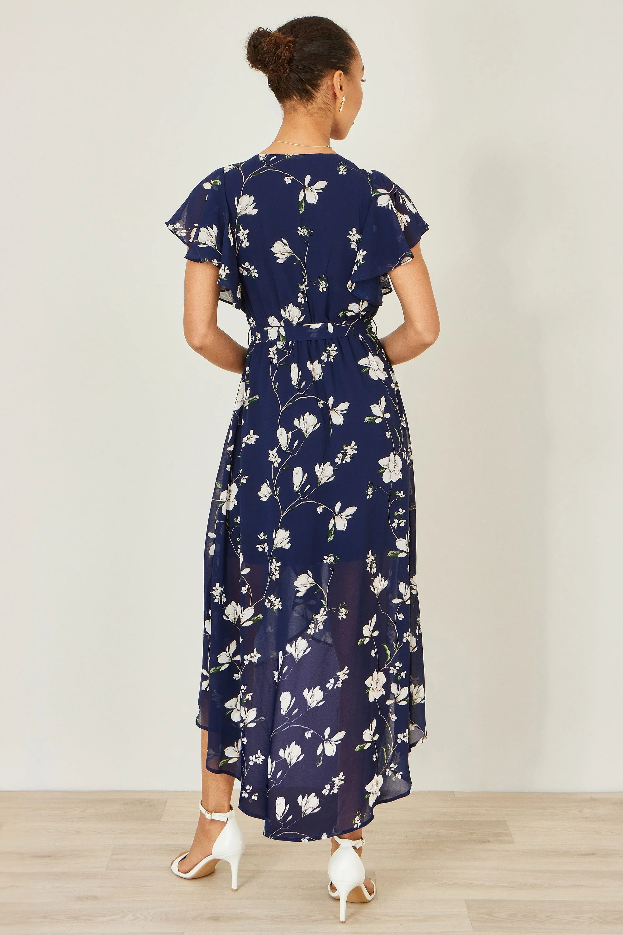 Yumi Navy Floral Wrap Midi Dress With Frill Hem - Image 3