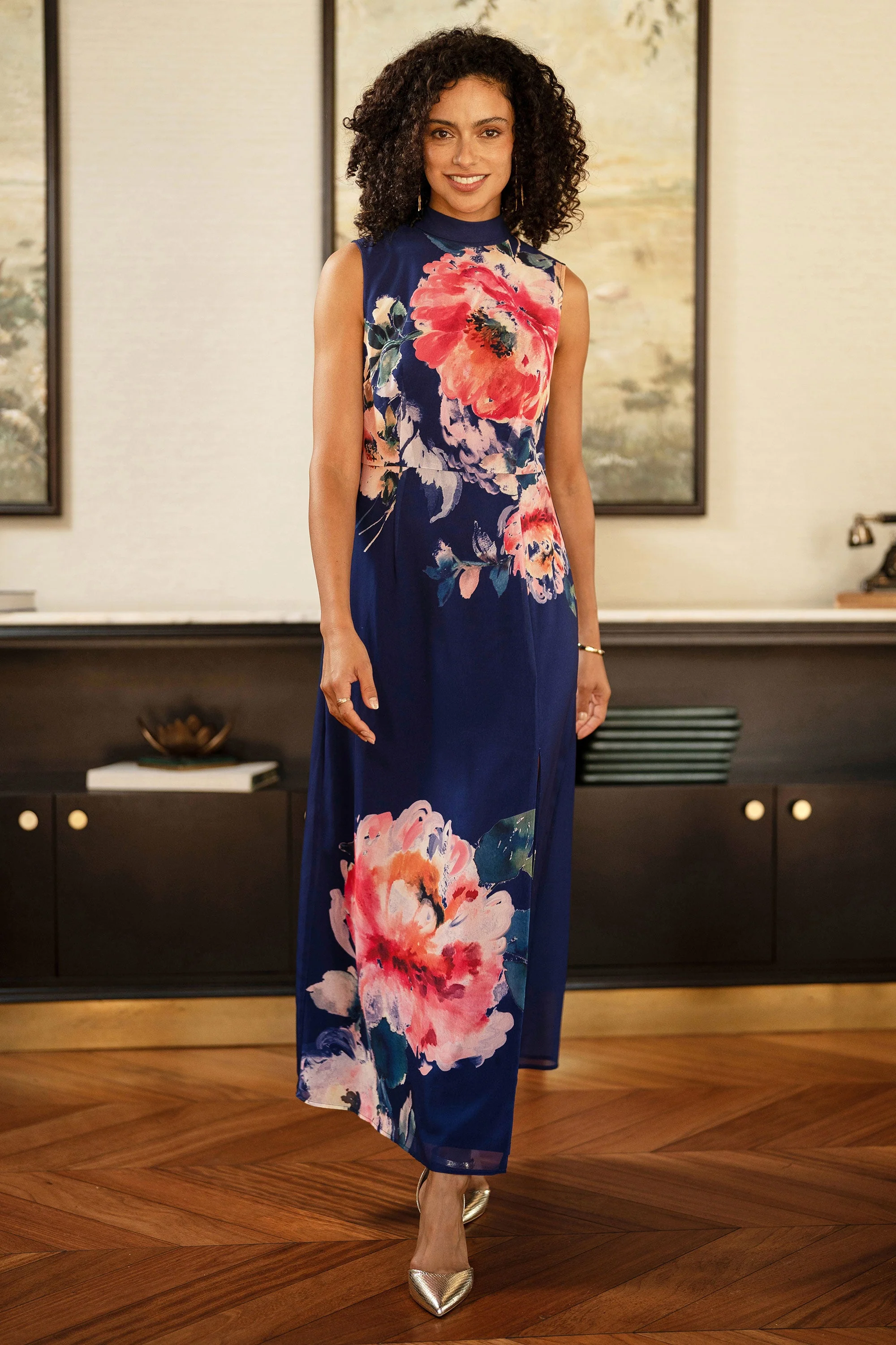 Yumi Navy Flower Halter Neck Maxi Dress - Image 3