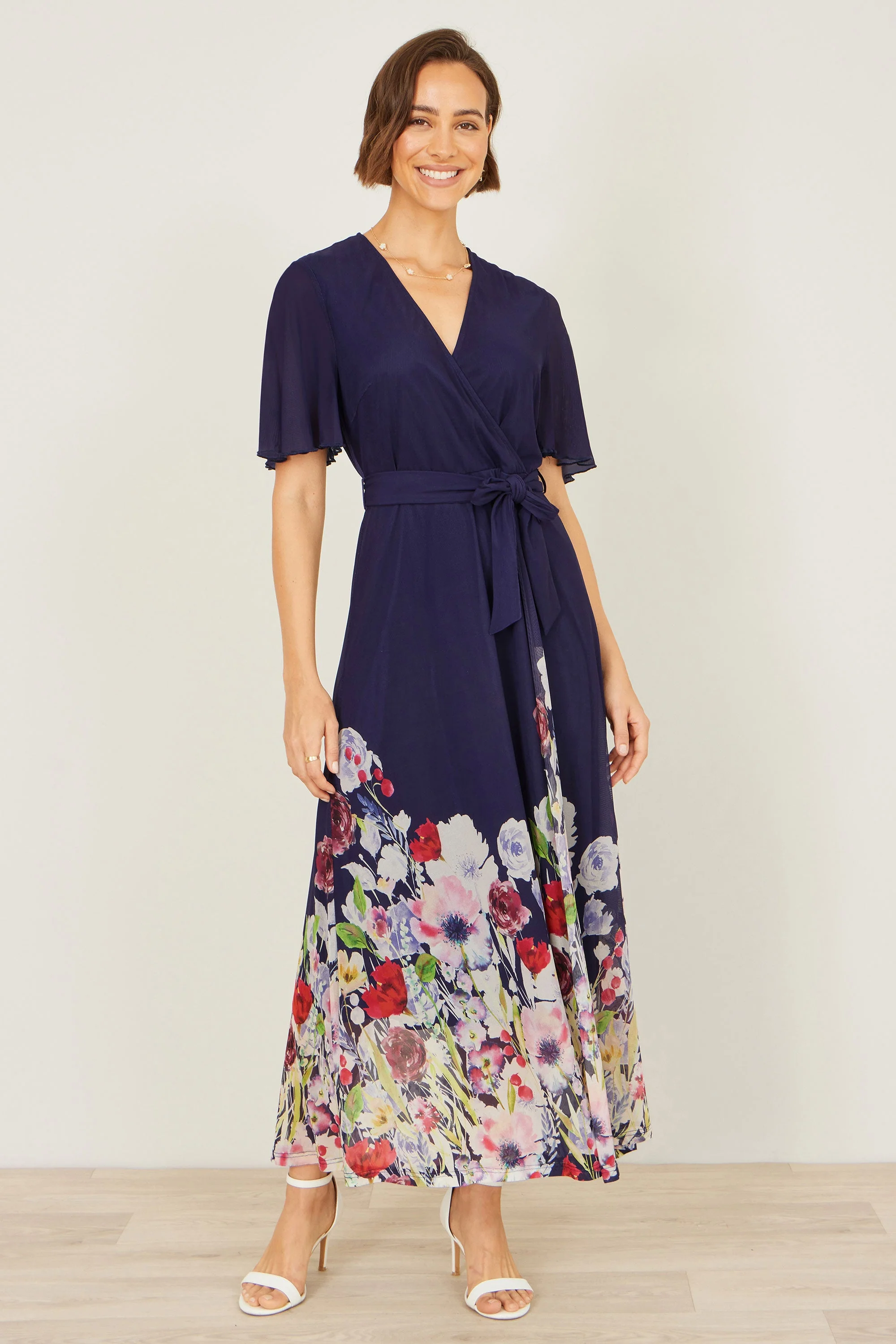 Yumi Navy Mesh Wrap Midi Dress With Floral Hem Border - Image 4