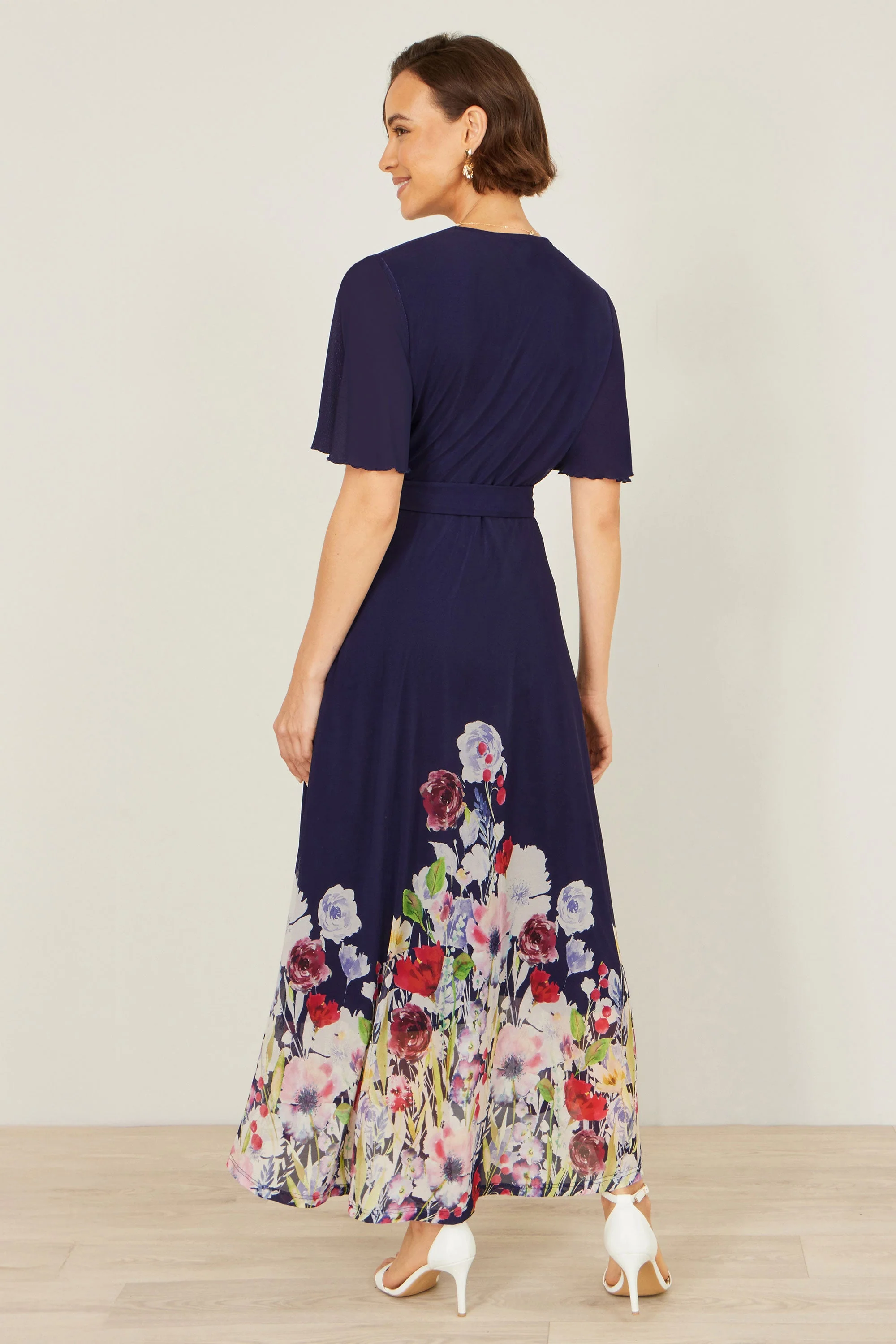 Yumi Navy Mesh Wrap Midi Dress With Floral Hem Border - Image 5