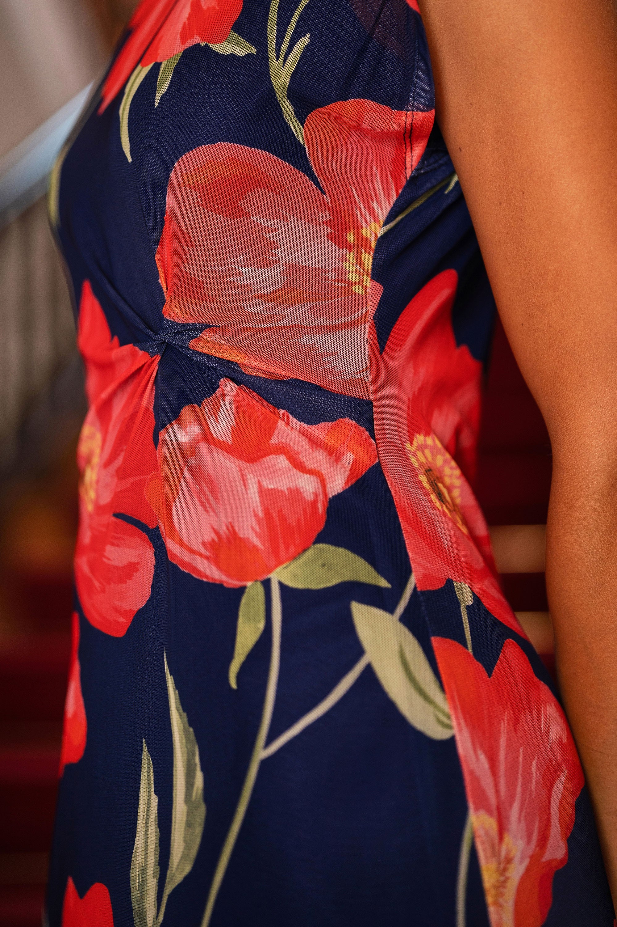 Yumi Navy Poppy Print Midi Mesh Dress - Image 4