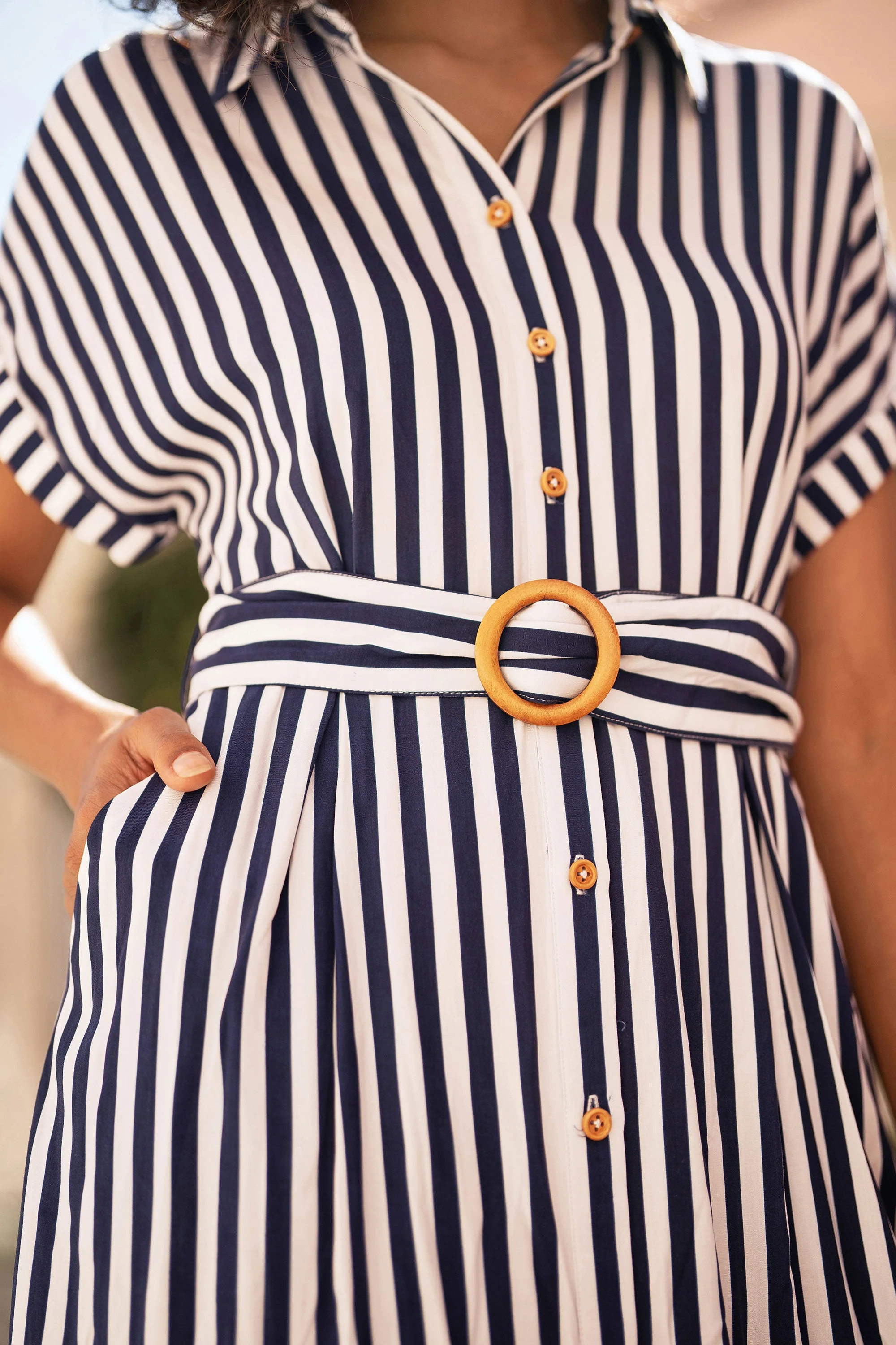 Yumi Navy Stripe Print Relaxed Midi Shirt Dress With Belt - Image 5