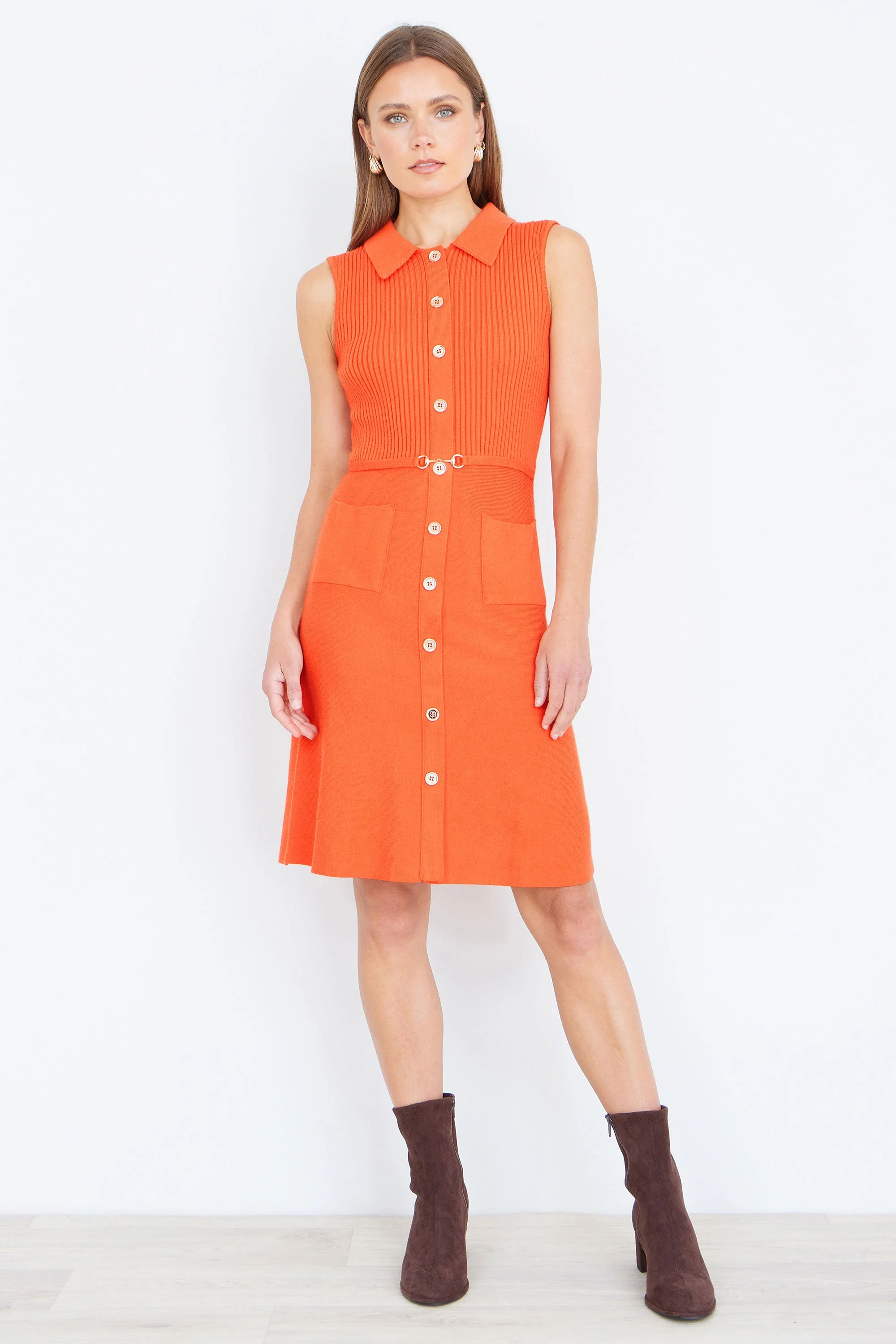 Yumi Orange Rib Knitted Skater Dress With Buckle Detail - Image 4