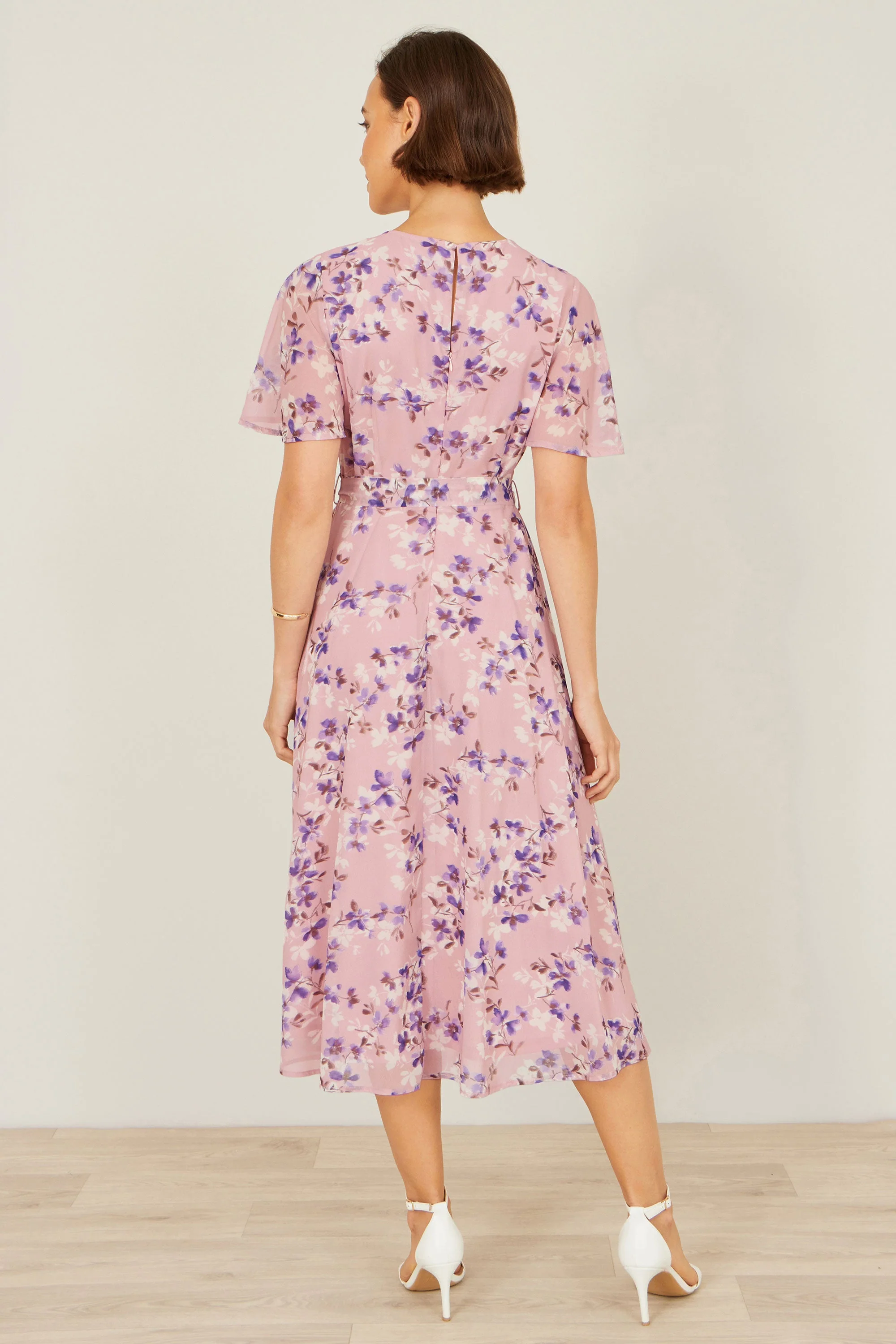 Yumi Pink Blossom Skater Midi Dress With Angel Sleeves - Image 4