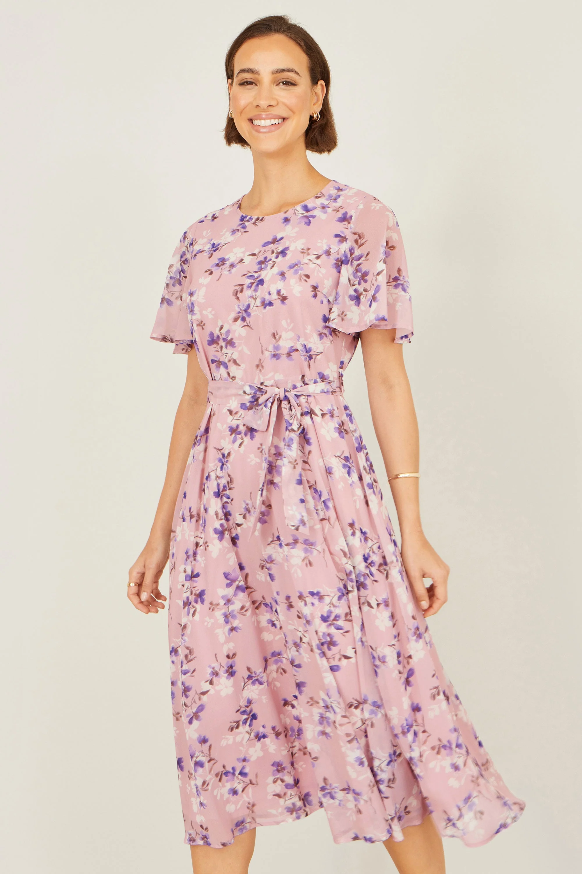 Yumi Pink Blossom Skater Midi Dress With Angel Sleeves - Image 5