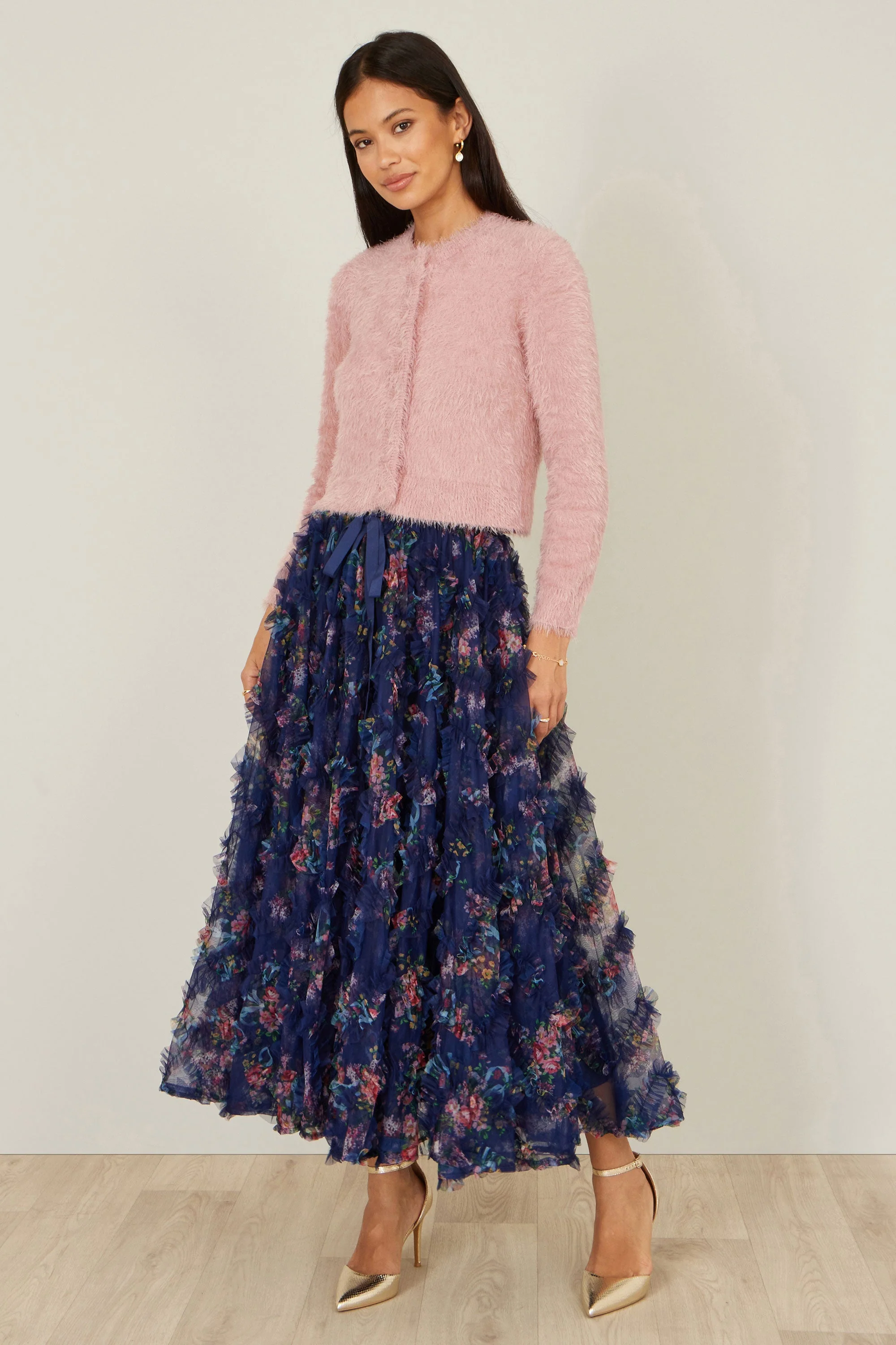 Yumi Pink Eyelash Knit Cropped Cardigan - Image 3