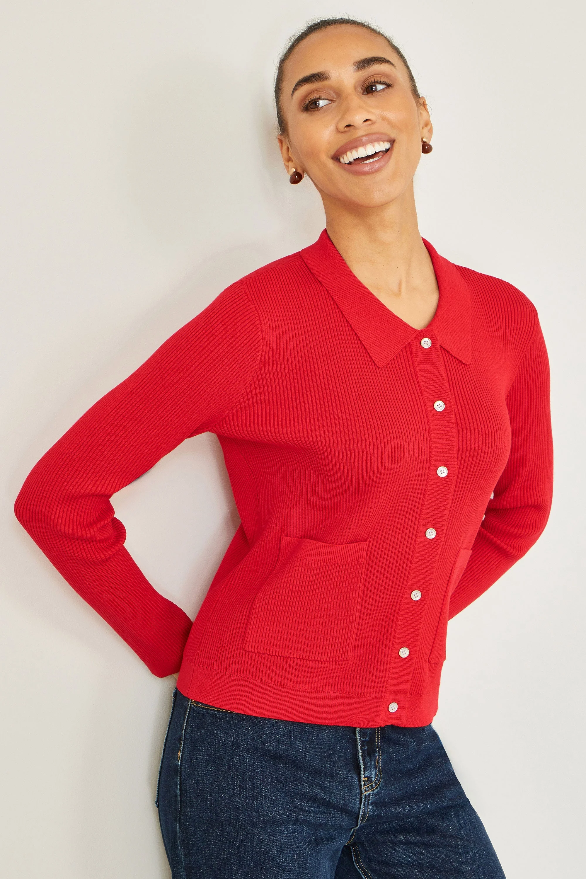 Yumi Red Ribbed Collar Button Up Cardigan - Image 5