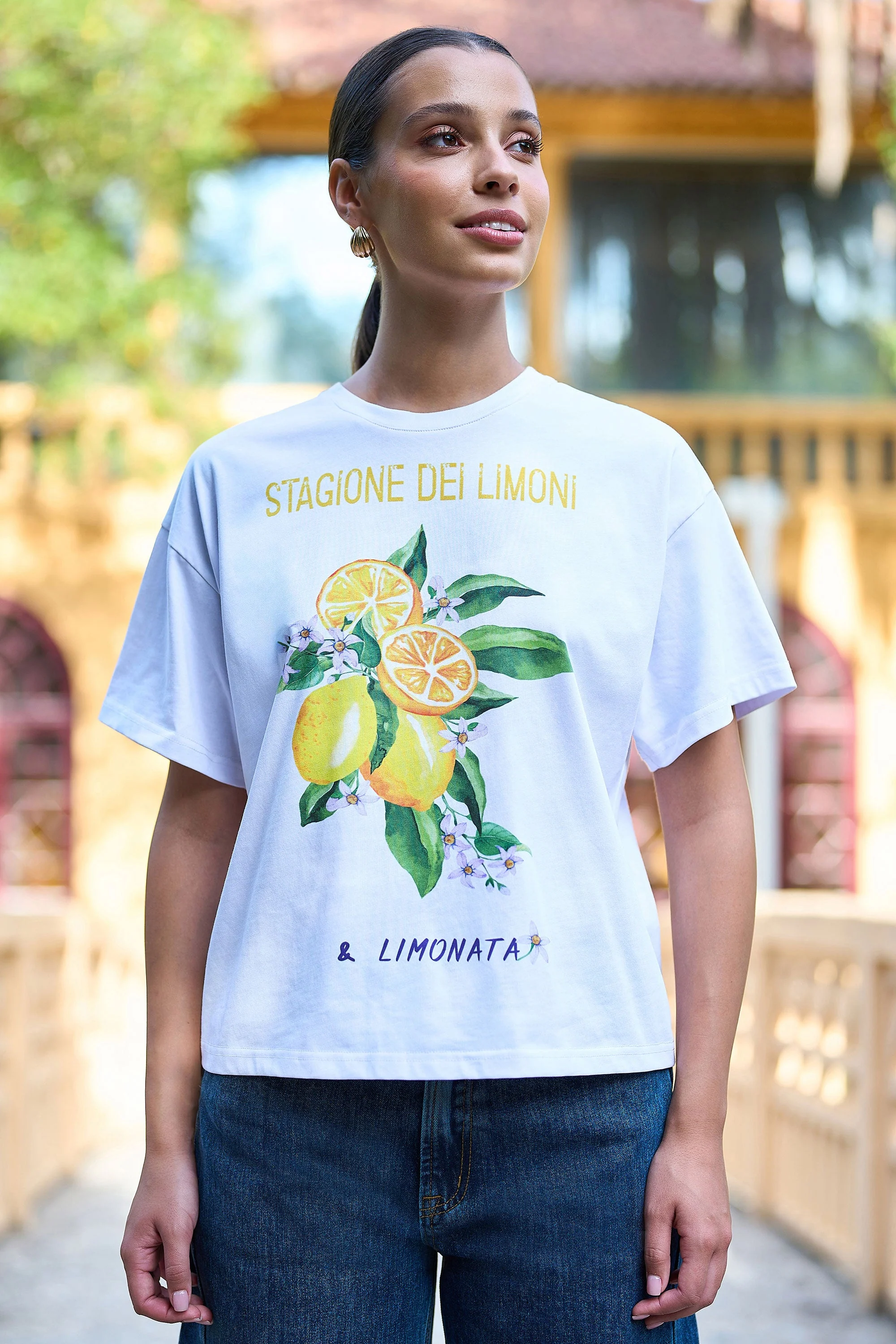 Yumi White Retro Relaxed Lemon Print Cotton T Shirt - Image 3