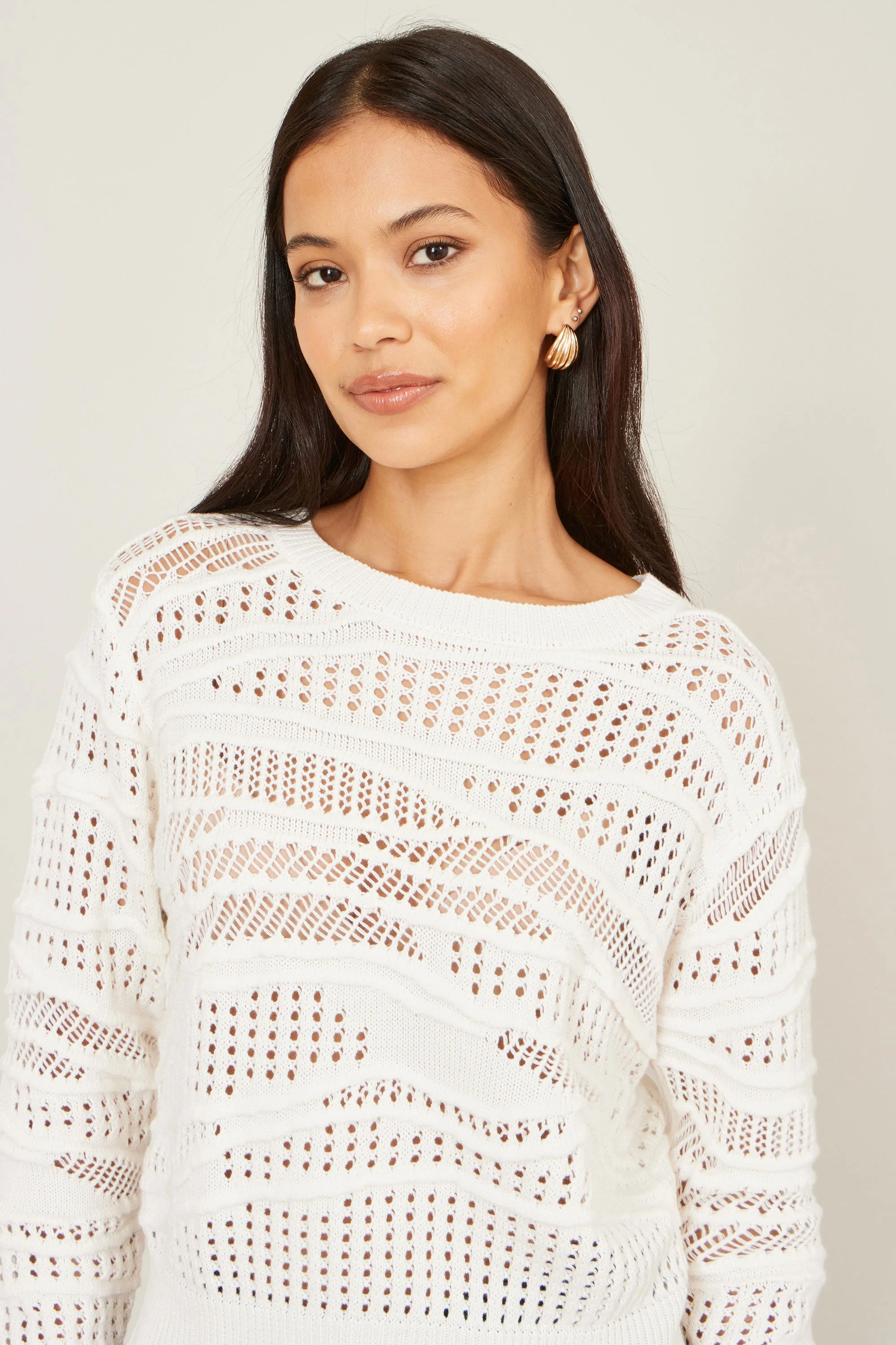Yumi White Wave Pointelle Knitted Jumper - Image 4