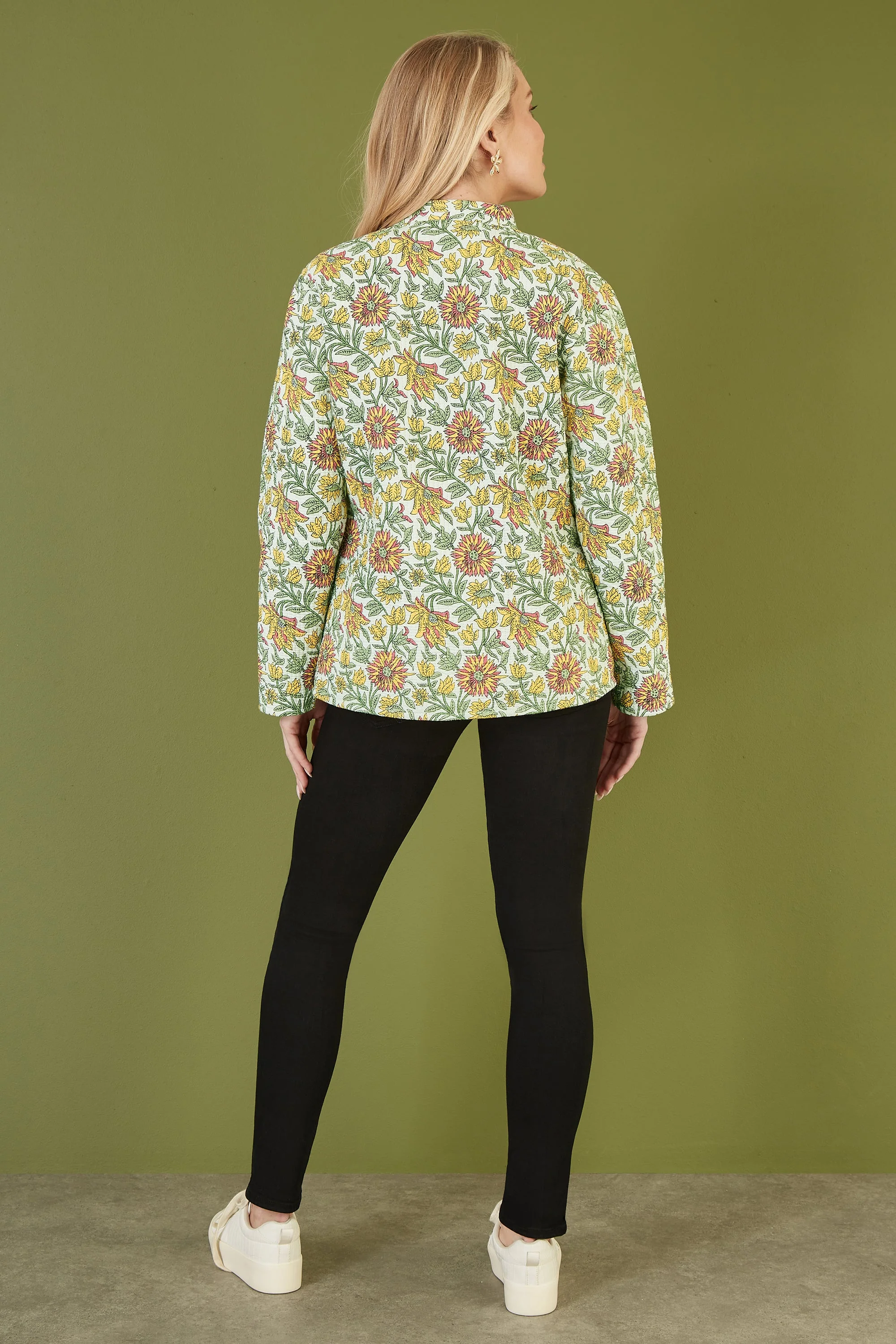 Yumi Yellow Floral Print Reversible Cotton Quilted Jacket - Image 2